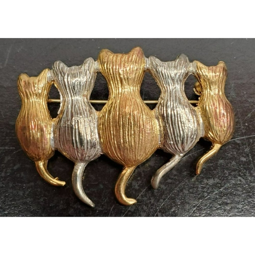 Gold and Silver colored Cats with backs‎ and tails brooch pin Jewelry